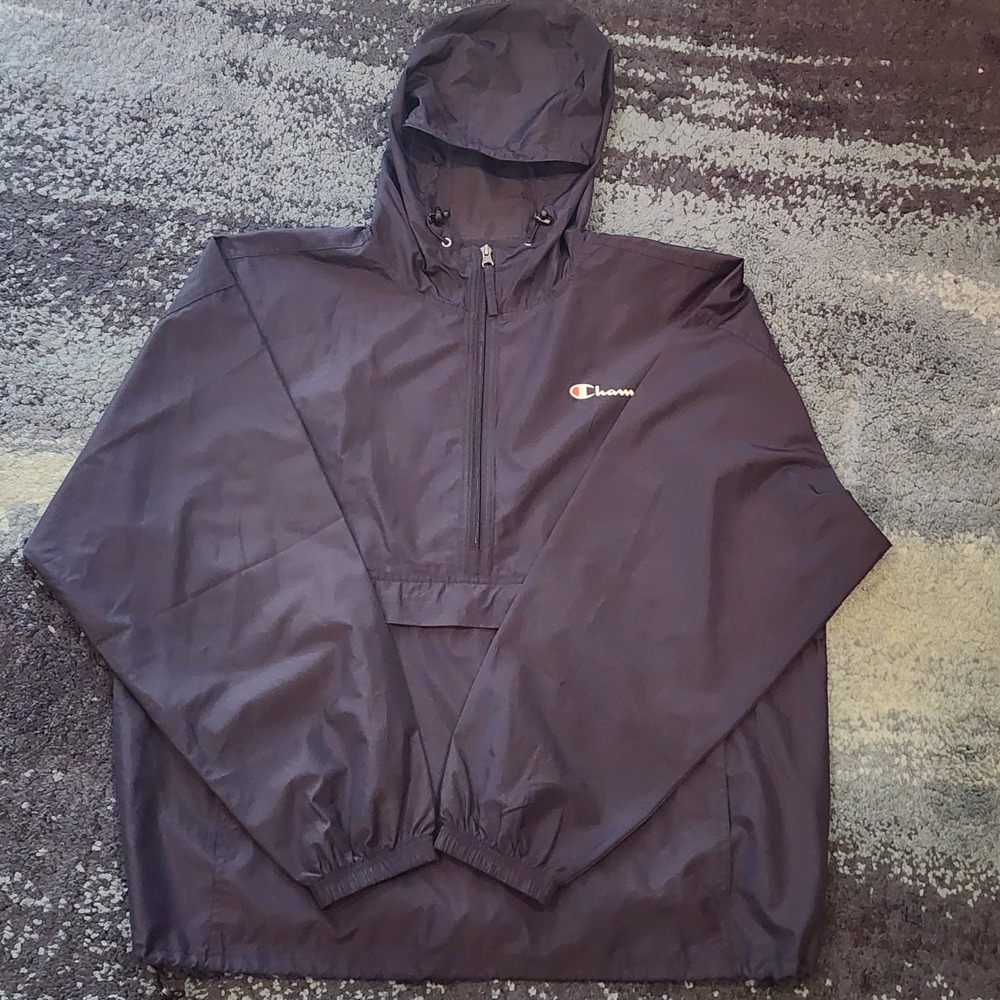 CHAMPION Packable Pullover Windbreaker Jacket Half Zip Hoodie Mens XL Navy Blue